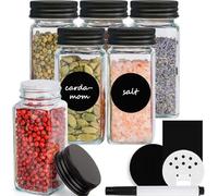 Happy Lemuro Set di 6 barattoli per spezie rettangolari da 120 ml, con inserto per spargimento, coperchi in metallo, etichette di colore nero, set di contenitori per spezie, organizer per spezie