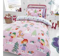 Happy Linen Company Set copripiumino - double face con fantasia natalizia e pattinaggio sul ghiaccio - rosa - una piazza e mezza - bambina