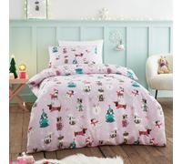 Happy Linen Company Set di biancheria da letto per bambini e bambine, con stampa di cani di Babbo Natale, colore lilla, reversibile, morbido, facile da pulire, con federa