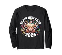 Happy New Year 2026 Highland Cow & Party Hat Capodanno Maglia a Manica