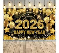 Happy New Year Banner 2026, extra large tessuto nero oro glitter modello sfondo decorazioni, 183 x 111 cm Capodanno Photo Booth sfondo forniture per feste