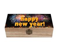 Happy New Year Fireworks over the city scatola portaoggetti in legno con coperchio incernierato e chiusura frontale, grande scatola dei ricordi