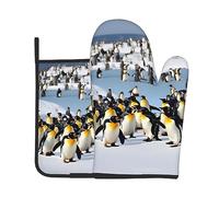 Happy Penguin, set di 2 guanti da forno e presine, guanti lunghi e flessibili spessi per cucinare, grigliare