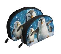 Happy Penguin - Trousse da viaggio con stampa a forma di pinguino, 2 pezzi, portatile, organizer per cosmetici