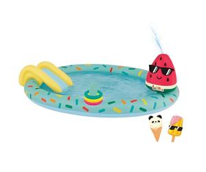 Happy People Piscina per bambini con scivolo e irrigatore, con gioco di lancio e personaggi da gioco, attacco tubo da giardino, ca. 198 x 150 x 18 cm, giocattolo estivo