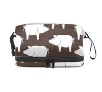 Happy Pigs on Brown - Trousse per cosmetici a doppio strato, per donne e ragazze, borsa da viaggio per trucchi, pratica borsa organizer con scomparto per pennelli, Multi, 27x15x14 cm/10.6x5.9x5.5 in,