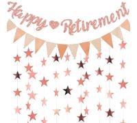 Happy Retirement Decorations - Banner per festa di pensionamento in oro rosa con bandierine e ornamento a stella, ghirlanda, forniture per donne, ufficio, riunioni di famiglia, addio, ciao pensione a