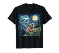 Happy Sloth Howling at The Moon Night Sky Animal Art Maglietta