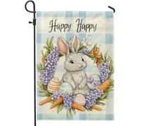 Happy Spring Bunny - Bandiera da giardino con motivo floreale a scacchi blu, per la decorazione della casa, per la decorazione del prato di Pasqua, 12 x 18 cm