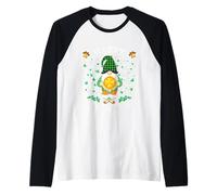Happy St Patricks Day Funny Cute GNOME Holding Trifoglio Moneta Maglia con Maniche Raglan