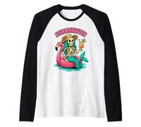Happy Summerween Skeleton Mermaid Pink Flamingo Float Retro Maglia con Maniche Raglan