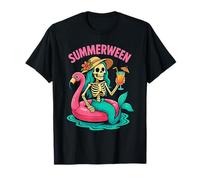 Happy Summerween Skeleton Mermaid Pink Flamingo Float Retro Maglietta