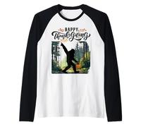 Happy Thanksgiving Sasquatch nella Foresta con Cesto di Raccolta Maglia con Maniche Raglan