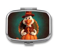 Happy Thanksgiving Turkey - Portapillole con 2 scomparti, portatile, con specchio, per borsa tascabile, da viaggio, mini organizer in metallo per medicine e vitamine e olio di pesce