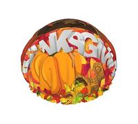 Happy Thanksgiving Turkey Pumpkin Maple Leaf Fall Cuffia da doccia da donna Cappucci per capelli lunghi riutilizzabili con fascia elastica Cappello da doccia a doppio strato per adulti Bambini