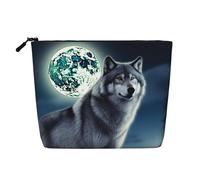 Happy Valentine's Day - Beauty case da donna, portatile, da viaggio, organizer quotidiano con cerniera, Lupo sotto la luna, Taglia unica