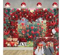 Happy Valentine's Day - Sfondo fotografico con rose rosse, cuore e arco, per San Valentino, per San Valentino, matrimonio, anniversario, feste, decorazione (238,8 x 178 cm)