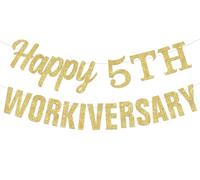 Happy Workiversary Banner dorato glitterato felice 5th Workiversary Banner 5 anni di lavoro decorazioni per anniversario di lavoro per dipendenti forniture per feste ufficio
