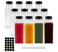 Happybase 12 bottiglie di succo da 350 ml in plastica, coperchi ermetici, vuoti e riutilizzabili per frullati, succhi e altre bevande (1 penna, 24 etichette)