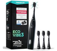 happybrush [Vincitore del test*] Spazzolino elettrico sonico Eco VIBE 3 - Spazzolino da denti sostenibile con batteria di 6 settimane con 4 testine di ricambio, nero