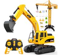 HappyGoLucky 1:24 Escavatore Telecomandato per Bambini 3-9 Anni, Escavatore Giocattolo RC 2.4GHz con Gru e Barriere Stradali, Luci LED, Camion Giocattolo da Costruzione, Bambini