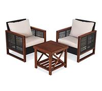 HAPPYGRILL Set di 3 mobili da esterno da patio con tavolino da caffè, mobili da balcone, veranda, bistrò, con struttura in legno e cuscini lavabili, per giardino, piscina, cortile