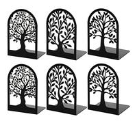HappyHapi Fermalibri in metallo nero, 3 paia (6 pezzi), a forma di L, antiscivolo, 17,8 x 11,9 x 8,9 cm, motivo albero, decorativi, per ufficio/casa