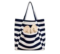 happymaker - Borsa da spiaggia XXL, borsa a tracolla da donna e uomo, shopper grande a righe blu e bianche per le vacanze estive, borsa pieghevole, borsa con ciondolo colorato con pompon