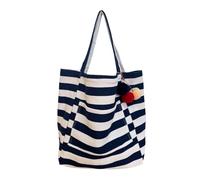 happymaker - Borsa Estiva Donna XXL, Borsa mare grande a righe in stile marinaro, pieghevole e con ciondolo pompon colorato. Perfetta per l’estate, la spiaggia e le vacanze