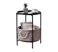 HAQMG Tavolino rotondo a 2 ripiani con cestino in tessuto, piccolo comodino, comodino da divano for soggiorno(Black)