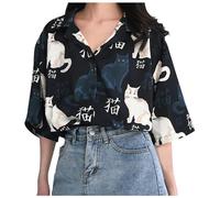 Harajuku - Camicia da donna Kawaii, taglie forti, estiva, con scollo a V, stampata, coreana, a maniche corte, per il tempo libero, giapponese, Y2k Streetwear chic, con colletto rovesciato, Nero , M