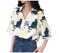 Harajuku - Camicia da donna Kawaii, taglie forti, estiva, con scollo a V, stampata, coreana, a maniche corte, per il tempo libero, giapponese, Y2k Streetwear chic, con colletto rovesciato, bianco, M