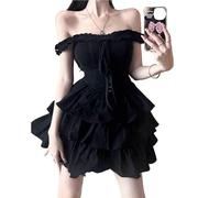 Harajuku Women Black Gothic Dress Slash Lace Tiered Y2k Layered Ruffles Lolita Party Slim Dresses