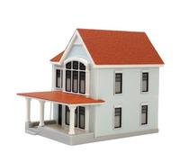 harayaa Casa in Miniatura Modello Architettura Villa a Due Livelli Diorama Plastica Dettagli Realistici Finestra Superiore Ad Arco Ingresso Anteriore Base, Bianco E Blu