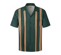 Hardaddy Camicia da uomo con colletto da campeggio retrò vintage bowling button down con tasca casual a maniche corte camicie da spiaggia estive, Vintage a righe verdi, L