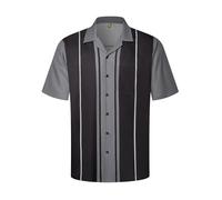 Hardaddy - Camicia da uomo con colletto da campo, stile retrò vintage, con bottoni da bowling, con taschino, casual, a maniche corte, per la spiaggia, estiva, A righe nere., 3XL