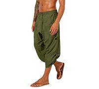 Harem Pants - Pantaloni da yoga da uomo, vestibilità ampia, con coulisse in vita, con tasche, medievali, pantaloncini a 3/4, in tinta unita, estivi, corti, vichinghi, stile casual, M-3XL, Verde, M