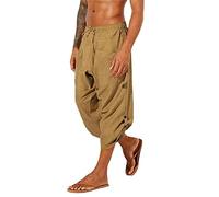 Harem Pants - Pantaloni da yoga da uomo, vestibilità ampia, con coulisse in vita, con tasche, medievali, pantaloncini a 3/4, in tinta unita, estivi, corti, vichinghi, stile casual, M-3XL, cachi, L