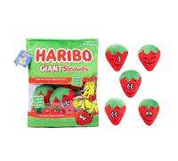 Haribo - Borsa per snack, con cuscino per amici, giocattolo antistress da schiacciare, 5 peluche per confezione, per fingere un gioco fantasioso, regalo 3+ (fragola gigante)
