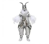 Harilla Costume con Specchi Abito da Spettacolo Tuta Riflettente Maschera con Orecchie da Lepre Pannelli Facettati Scenico con Colletto Tulle Adatto per, Argento, Taglia Unica Altezza 160-170 Cm