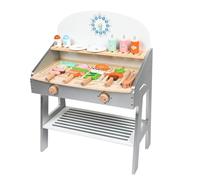 Harilla Cucina Giocattolo per Bambini Barbecue in Legno con Griglia Armadietto con Ripiano Pannello Posteriore Alto Manopole da Girare Accessori Spiedini