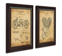 Harley Davidson Patent Prints - Framed Behind Glass 14x17 (Original Engine and Bike - 2pc Set)