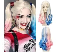 Harley Quinn, parrucca lunga da donna, per cosplay, cosplay, bionda blu, rosa, per carnevale e feste