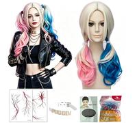 Harley Quinn, set di 4 parrucche rosa e blu per costume da Suicide Squad, parrucca per cosplay con girocollo in pelle bianca, parrucca per costume da donna, per Halloween, carnevale, feste a tema