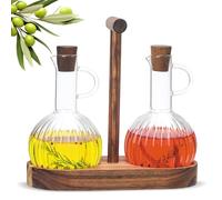 HARLIANGXY Set di bottiglie di aceto e olio con supporto in legno, 2 dispenser antigoccia da 300 ml, bottiglia di olio d'oliva, dispenser di aceto, olio in vetro, contenitore per olio da cucina, sala