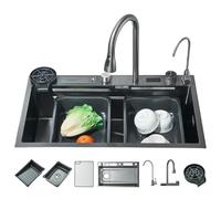 Harnart Lavello da cucina nero in acciaio inossidabile 304, lavello da cucina con rubinetto estensibile Set di rubinetteria Lavatrice tazze Tagliere acqua pura 2 tasti affic75 x 46 x 21 cm