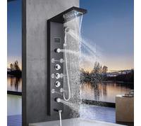 Harnart Pannello doccia 5 in 1 con sistema a torre a LED, in acciaio inox, 5 funzioni, con cascata, soffione a pioggia e doccetta, montaggio a parete, sistema a torre a colonna, nero