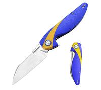 HARNDS Parrot Premium Coltello pieghevole con lama Sandvik 14C28N da 3,58" e manico in G10 con clip, chiusura con liner per l'EDC e il campeggio all'aperto. (Blu & giallo)