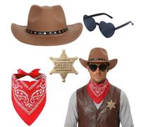 HarnyLoom 4 accessori per cappello da cowboy, spilla a forma di cuore con cappello da cowboy e bandana con occhiali, costume da mucca occidentale, per carnevale, cosplay, hippie, discoteca, party