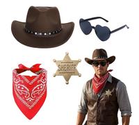HarnyLoom 4 accessori per cappello da cowboy, spilla con cappello da cowboy e bandana a forma di cuore, occhiali da cowboy, costume da mucca occidentale, costume da uomo, carnevale, cosplay, hippie